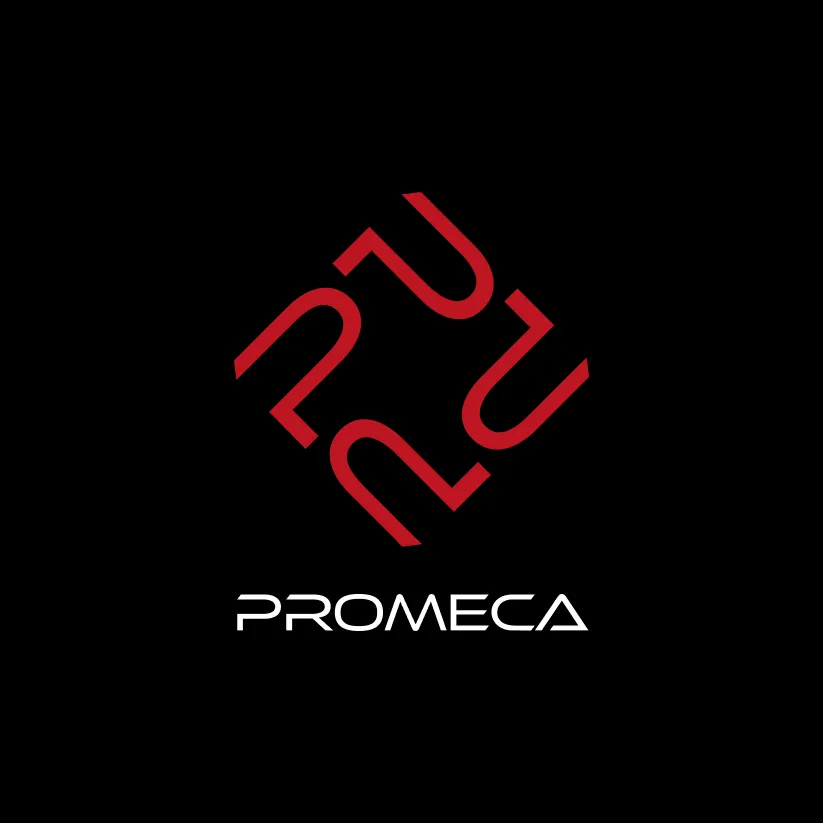 Logo secondaire Promeca avec symbole rouge et nom de marque blanc sur fond noir.